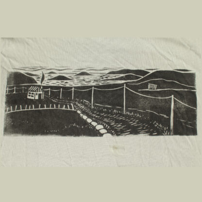 Linoldruck auf Textil der eine schwedische Landschaft mit Schären zeigt