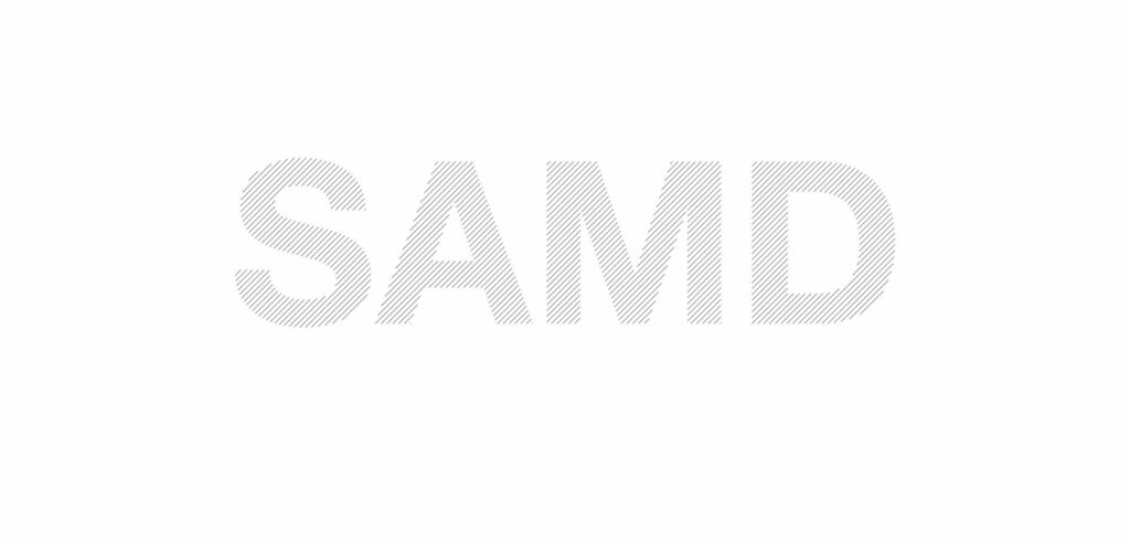 SAMD Logo Druckbuchtaben schwarz weiss gestreift 45° Winkel